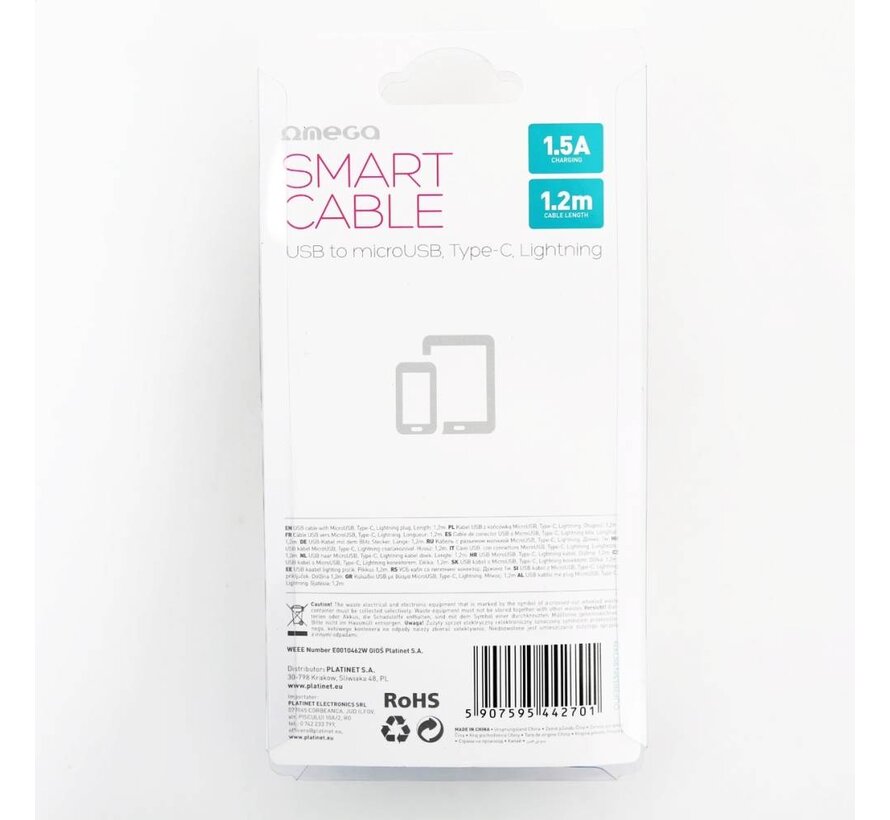 OMEGA USB CABLE 3IN1 MICRO-USB TYPE-C LIGHTNING 1,5A 1,2M BLACK [44270]