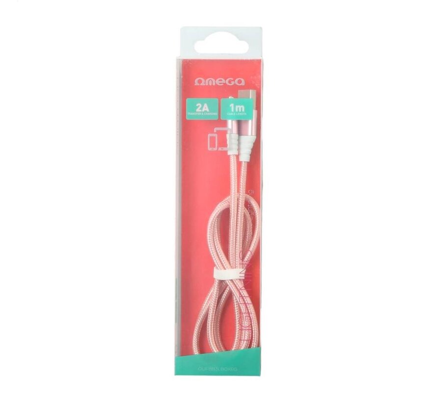 OMEGA COBRA FABRIC CABLE BRAIDED LIGHTNING TO USB 2A TAIWAN CHIP 1M ROSE GOLD [44264]