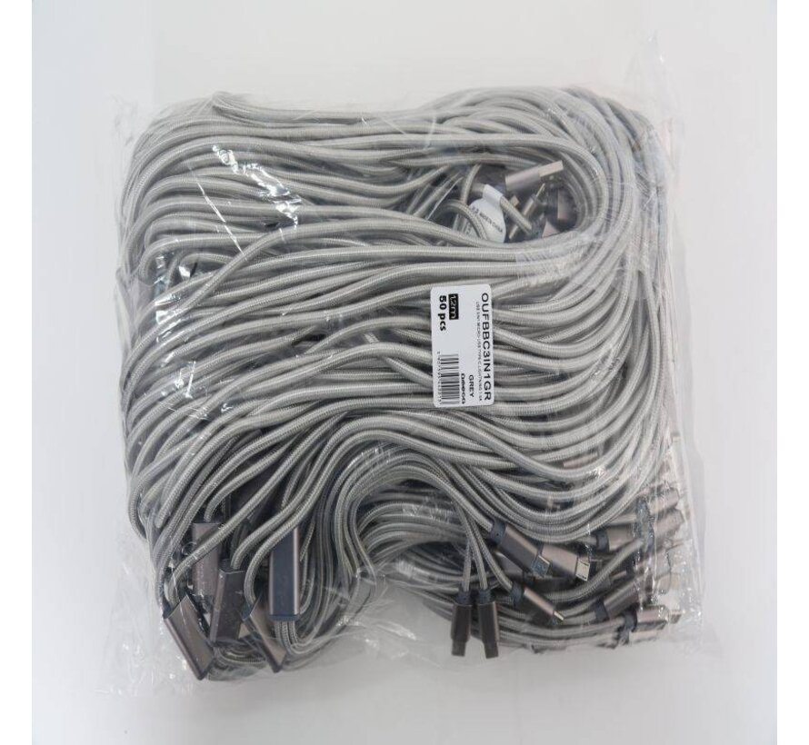 OMEGA CABLE USB 3 EN 1 MICRO USB TYE C LIGHTNING 1.5A POLY 1.2M GRIS 44221