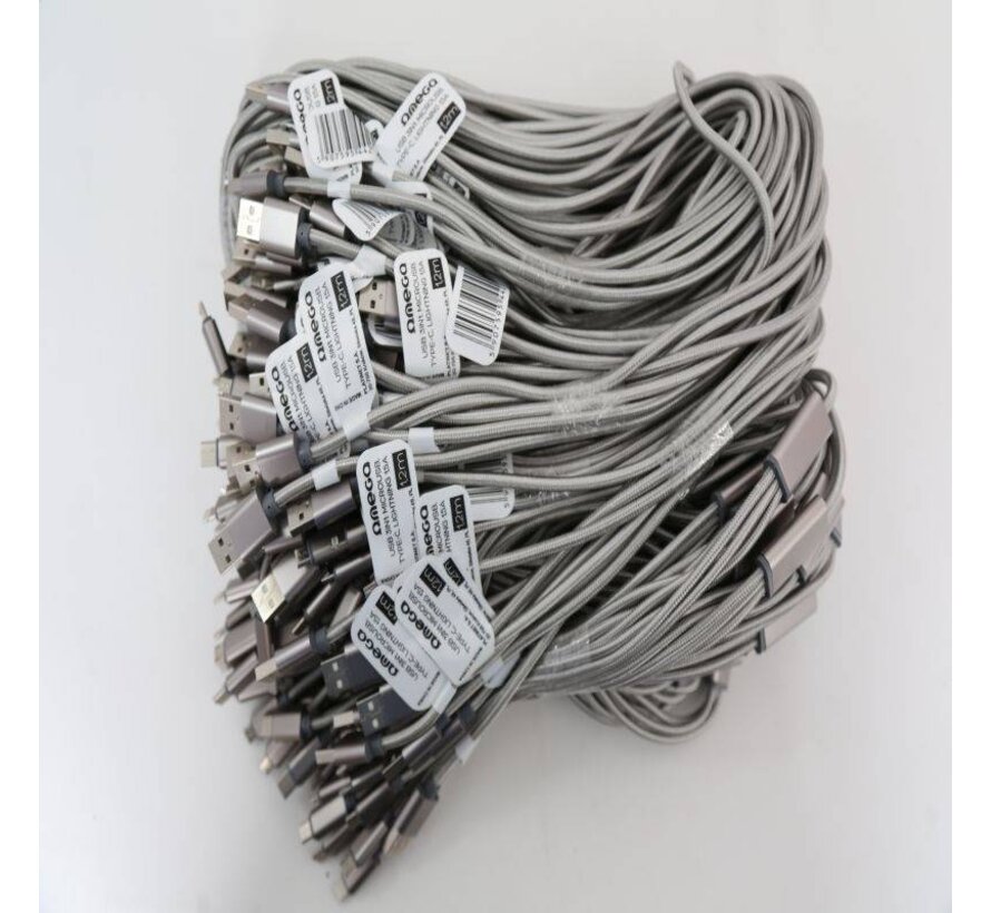 OMEGA USB CABLE 3IN1 MICRO-USB TYPE-C LIGHTNING 1,5A POLY 1,2M GREY [44221]