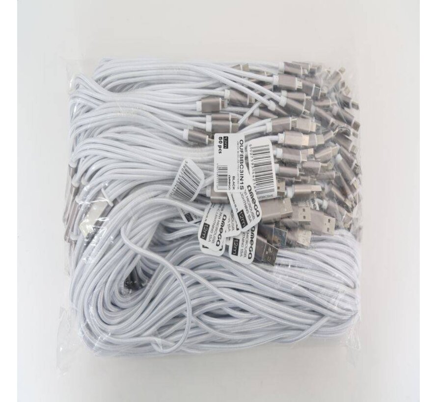 OMEGA CABLE USB 3 EN 1 MICRO USB TYPE C LIGHTNING 1.5A POLY 1.2M ARGENT 44218