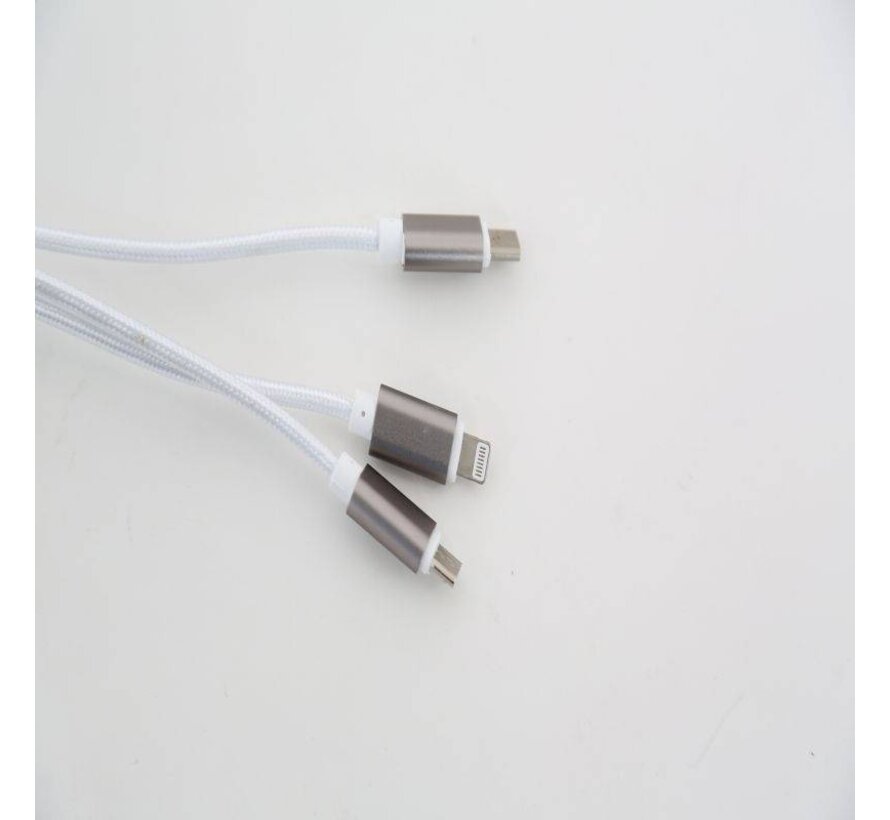 OMEGA CABLE USB 3 EN 1 MICRO USB TYPE C LIGHTNING 1.5A POLY 1.2M ARGENT 44218