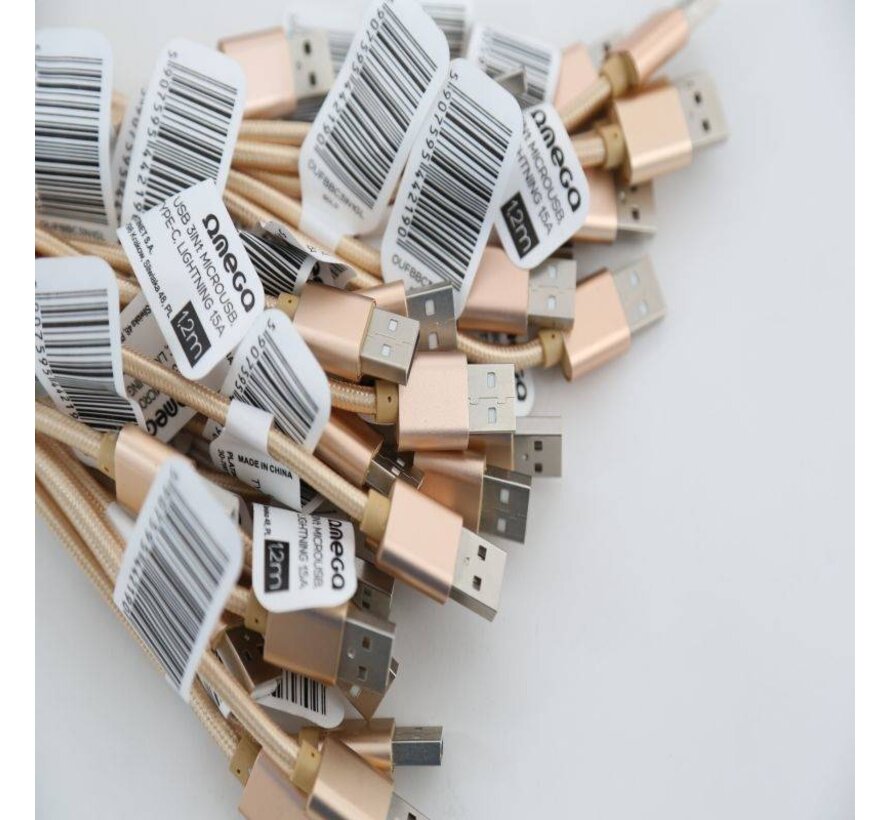 OMEGA USB CABLE 3IN1 MICRO-USB TYPE-C LIGHTNING 1,5A POLY 1,2M GOLD [44219]