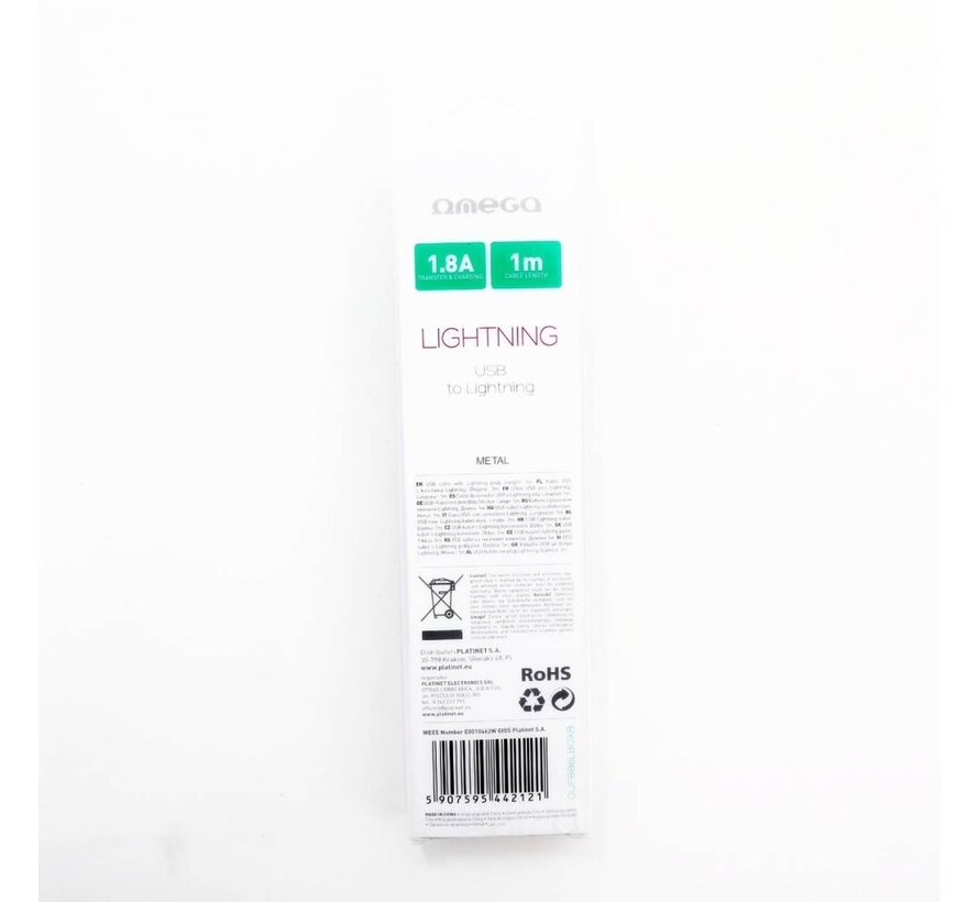 OMEGA METAL LIGHTNING TO USB 1.8A 1M BLACK [44212]