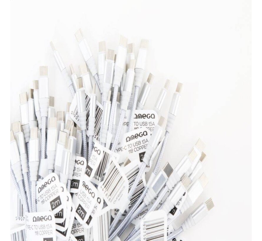 OMEGA FABRIC BRAIDED TYPE-C TO USB 1,5A 118 COPPER POLY 2M SILVER [44185]