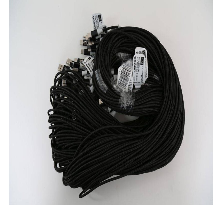 OMEGA FABRIC BRAIDED TYPE-C TO USB 1,5A 118 COPPER POLY 2M BLACK [44189]
