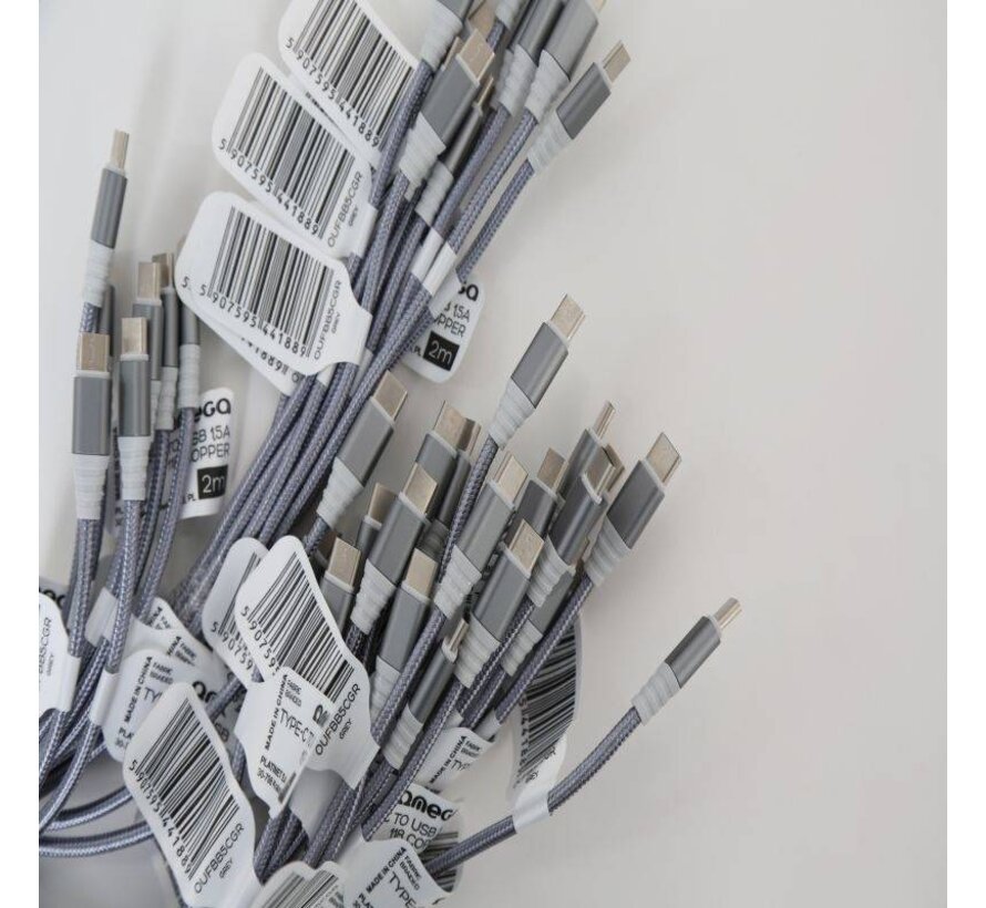 OMEGA FABRIC BRAIDED TYPE-C TO USB 1,5A 118 COPPER POLY 2M GREY [44188]