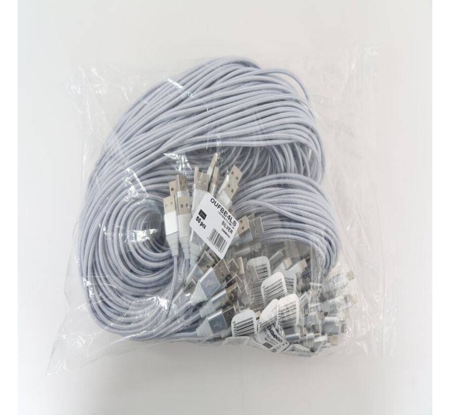 OMEGA FABRIC BRAIDED LIGHTNING TO USB 1,5A 118 COPPER POLY 2M SILVER [44180]