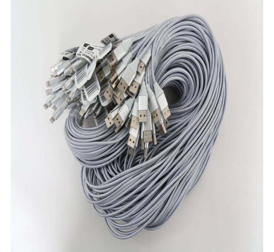 OMEGA FABRIC BRAIDED LIGHTNING TO USB 1,5A 118 COPPER POLY 2M SILVER [44180]