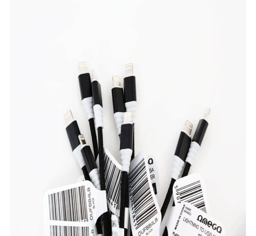 OMEGA FABRIC BRAIDED LIGHTNING TO USB 1,5A 118 COPPER POLY 2M BLACK [44184]