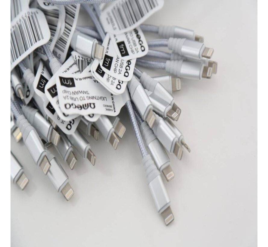 OMEGA CABLE TRESSE LIGHTNING USB 2A TAIWAN CHIP POLY 1M ARGENT 44172