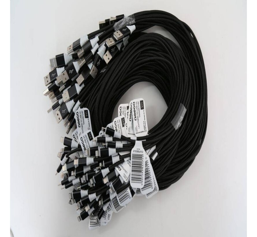 OMEGA CABLE TRESSE LIGHTNING USB 2A TAIWAN CHIP POLY 1M NOIR 44171