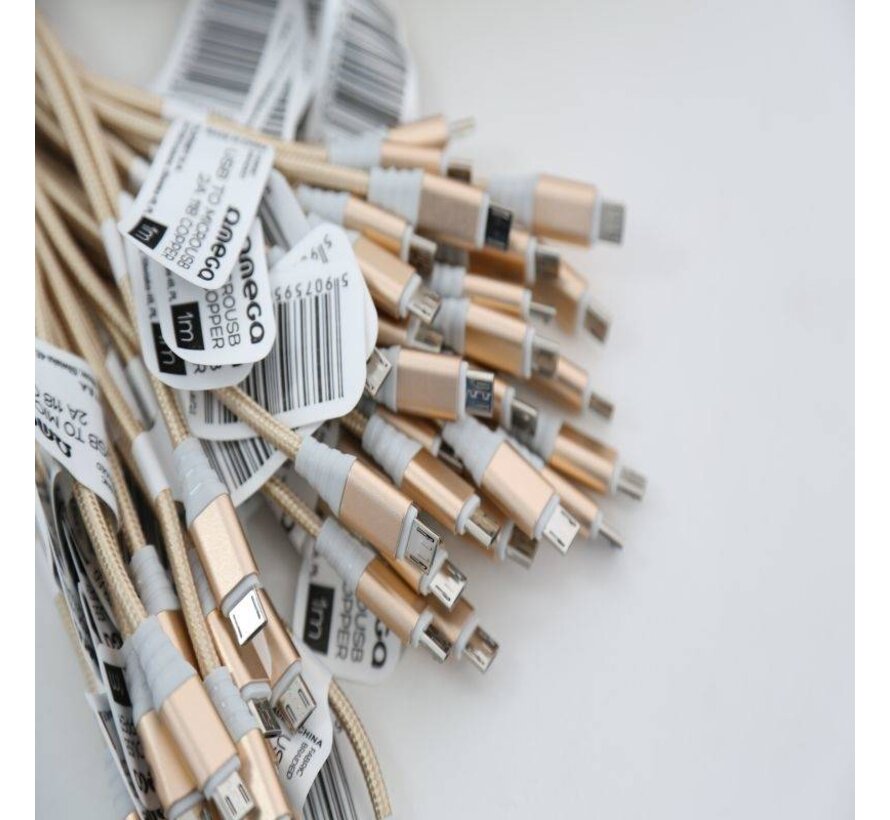 OMEGA FABRIC BRAIDED MICRO USB TO USB 2A 118 COPPER POLY 1M GOLD [44052]