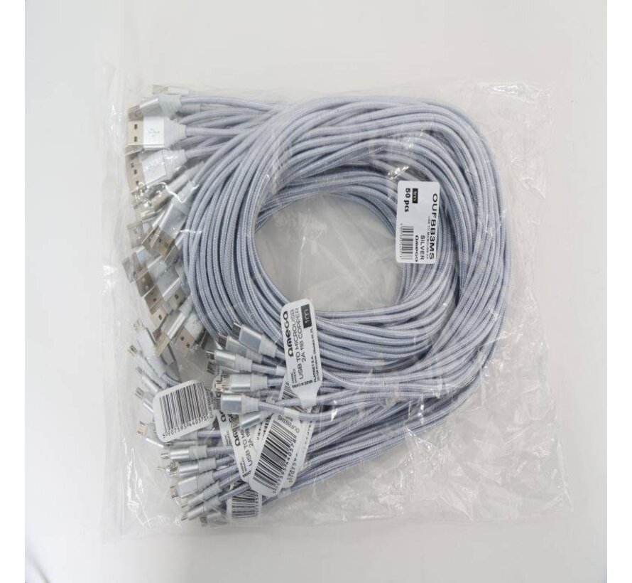 OMEGA FABRIC BRAIDED MICRO USB TO USB 2A 118 COPPER POLY 1M SILVER [44057]