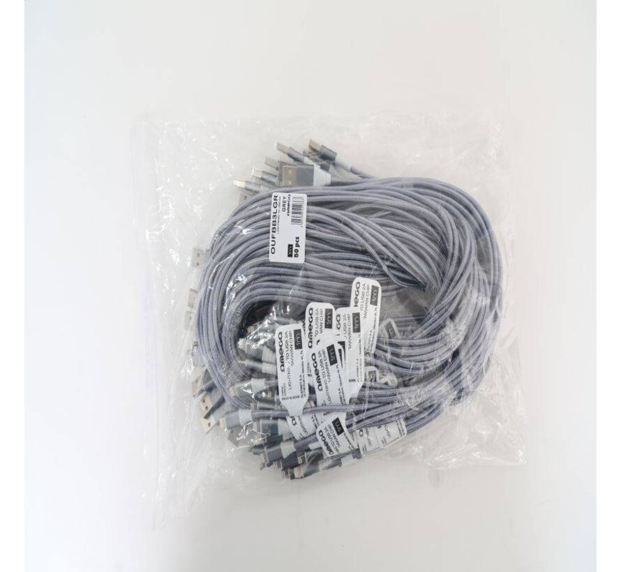 OMEGA HABU FABRIC CABLE BRAIDED LIGHTNING TO USB 2A TAIWAN CHIP POLYBAG OEM 1M GREY [44036]