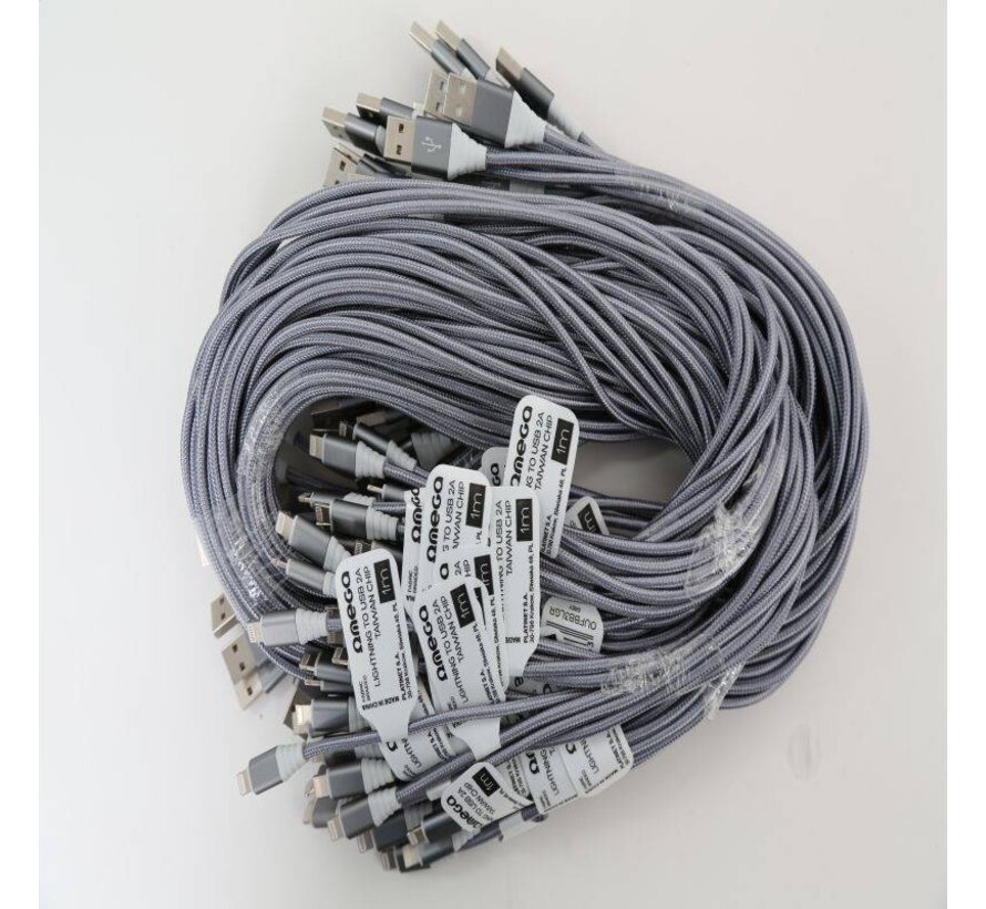 OMEGA FABRIC CABLE BRAIDED LIGHTNING TO USB 2A TAIWAN CHIP POLYBAG 1M GREY [44036]