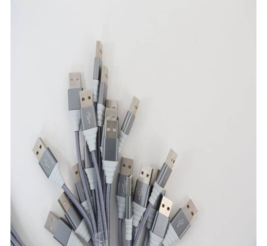 OMEGA FABRIC CABLE BRAIDED LIGHTNING TO USB 2A TAIWAN CHIP POLYBAG 1M GREY [44036]