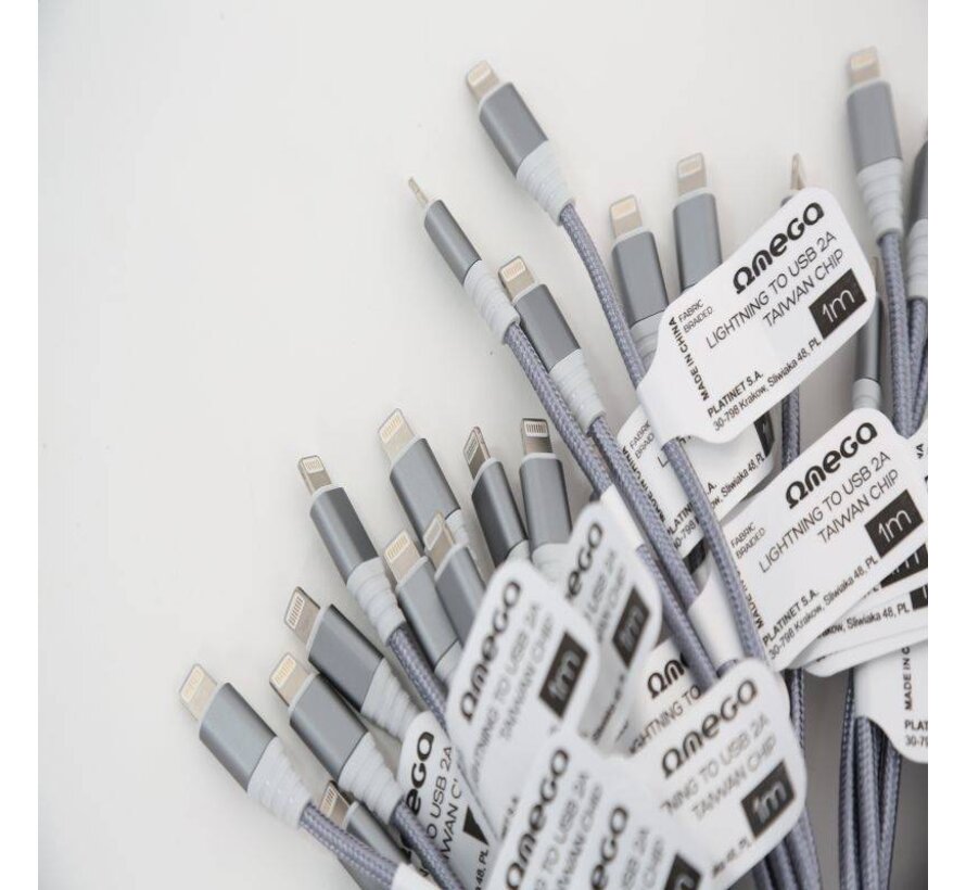 OMEGA HABU FABRIC CABLE BRAIDED LIGHTNING TO USB 2A TAIWAN CHIP POLYBAG OEM 1M GREY [44036]
