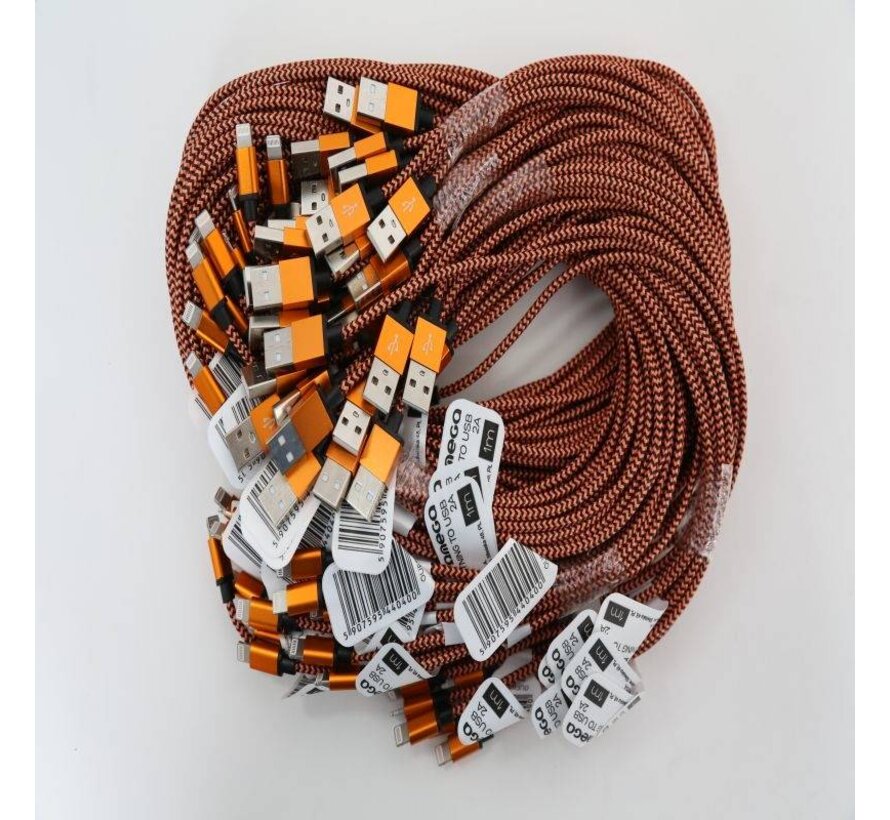 OMEGA FABRIC BRAIDED LIGHTNING TO USB 2A POLY 1M ORANGE [44040]