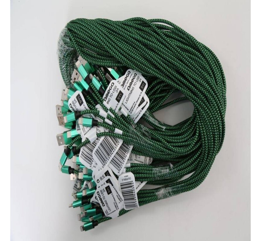 OMEGA FABRIC BRAIDED LIGHTNING TO USB 2A POLY 1M GREEN [44039]