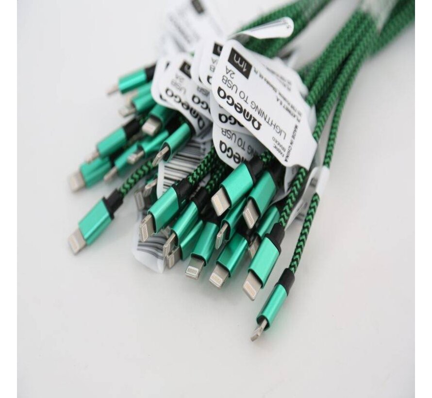 OMEGA FABRIC BRAIDED LIGHTNING TO USB 2A POLY 1M GREEN [44039]