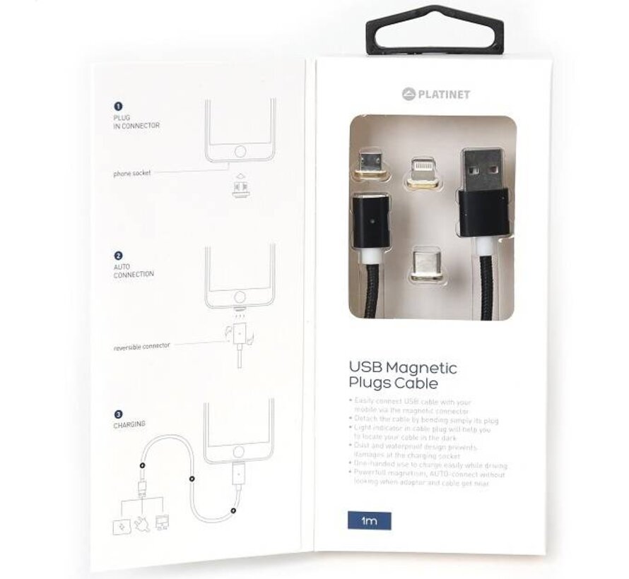 CABLE MICRO USB - USB PLATINET AVEC 2 EMBOUTS MAGNETIQUES 1,2M GRIS [43470]