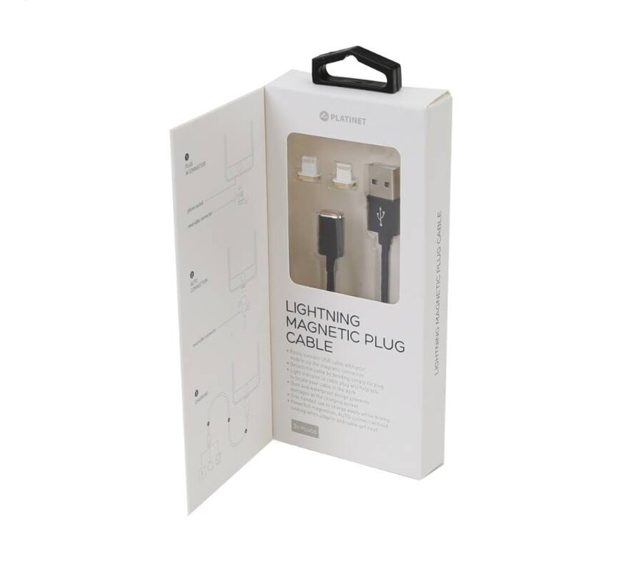 CABLE LIGHTNING (POUR IPHONE) USB PLATINET AVEC 2 EMBOUTS MAGNETIQUES 1,2M NOIR [43608]