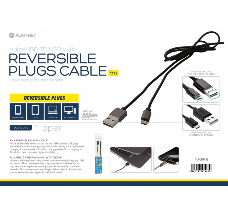 PLATINET MICRO USB TO USB CABLE WITH REVERSIBLE PLUGS 1M BLACK [43466]