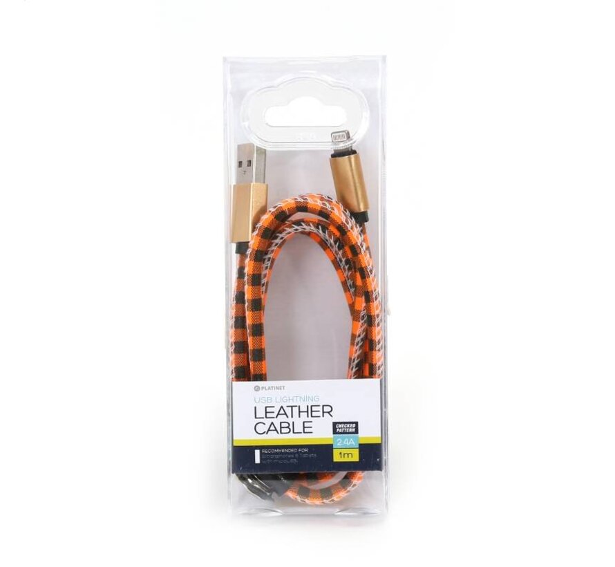 PLATINET USB LIGHTNING LEATHER CHECKED CABLE 1M ORANGE