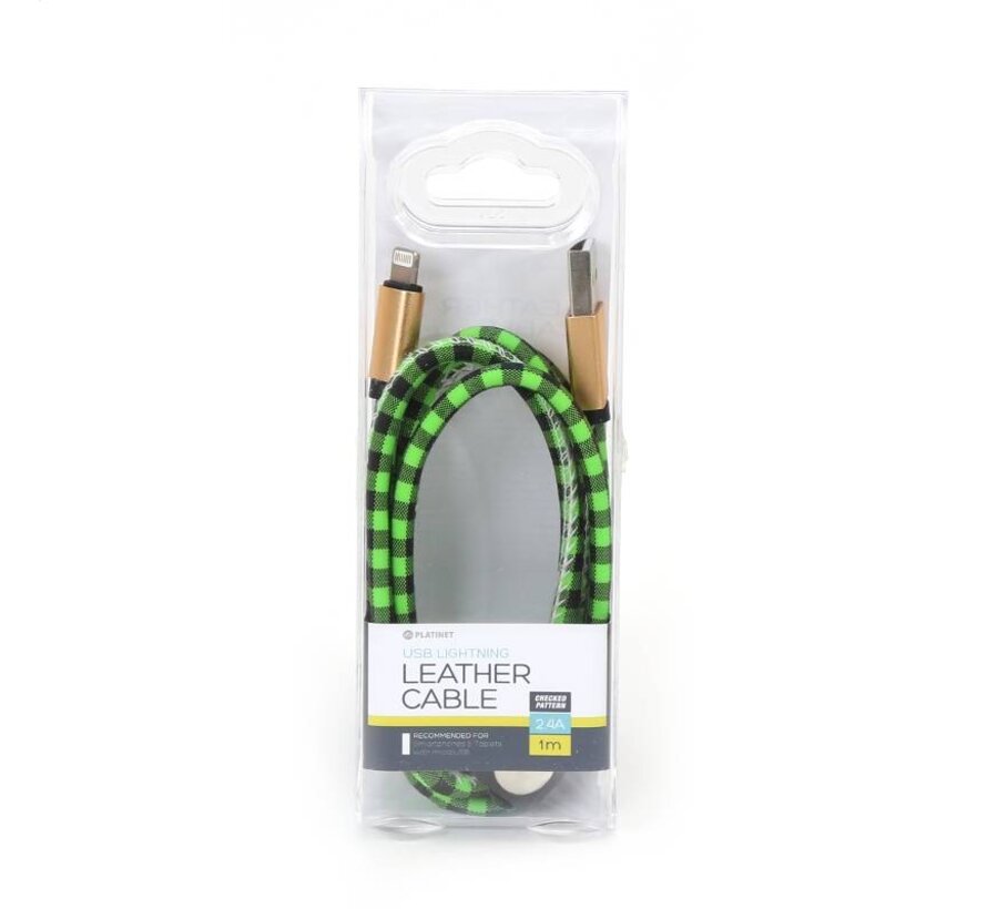 PLATINET USB LIGHTNING LEATHER CHECKED CABLE 1M GREEN