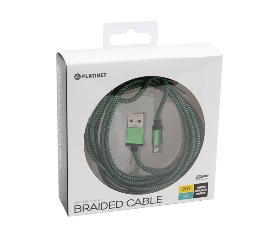PLATINET USB LIGHTNING FABRIC BRAIDED CABLE 2M GREEN