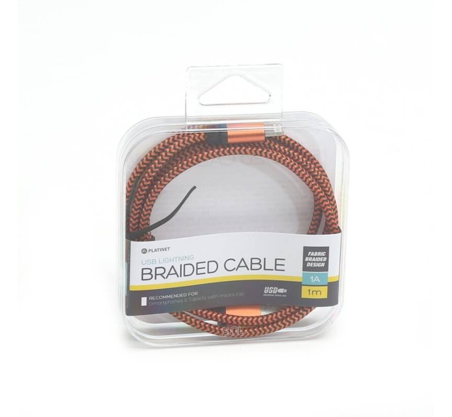 PLATINET USB LIGHTNING FABRIC BRAIDED CABLE 1M ORANGE