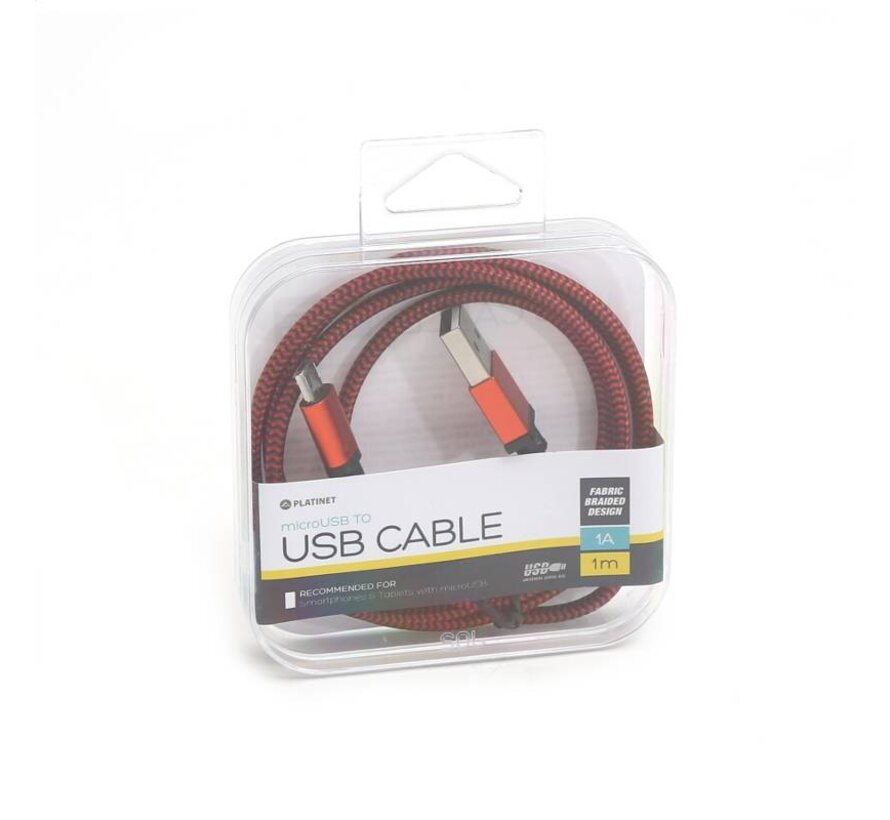 PLATINET MICRO USB TO USB FABRIC BRAIDED CABLE 1M RED