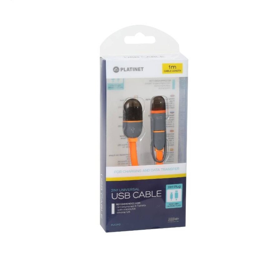 CABLE USB UNIVERSEL PLATINET 2 EN 1: MICRO USB & LIGHTNING - ORANGE