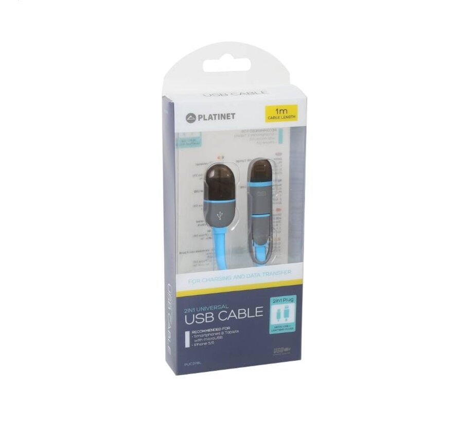 PLATINET USB UNIVERSAL CABLE 2 IN 1: MICRO USB & LIGHTNING PLUGS BLUE