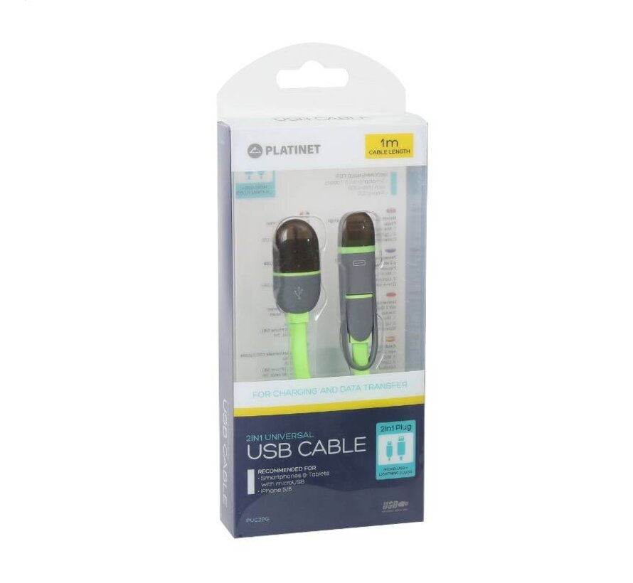CABLE USB UNIVERSEL PLATINET 2 EN 1: MICRO USB & LIGHTNING VERT