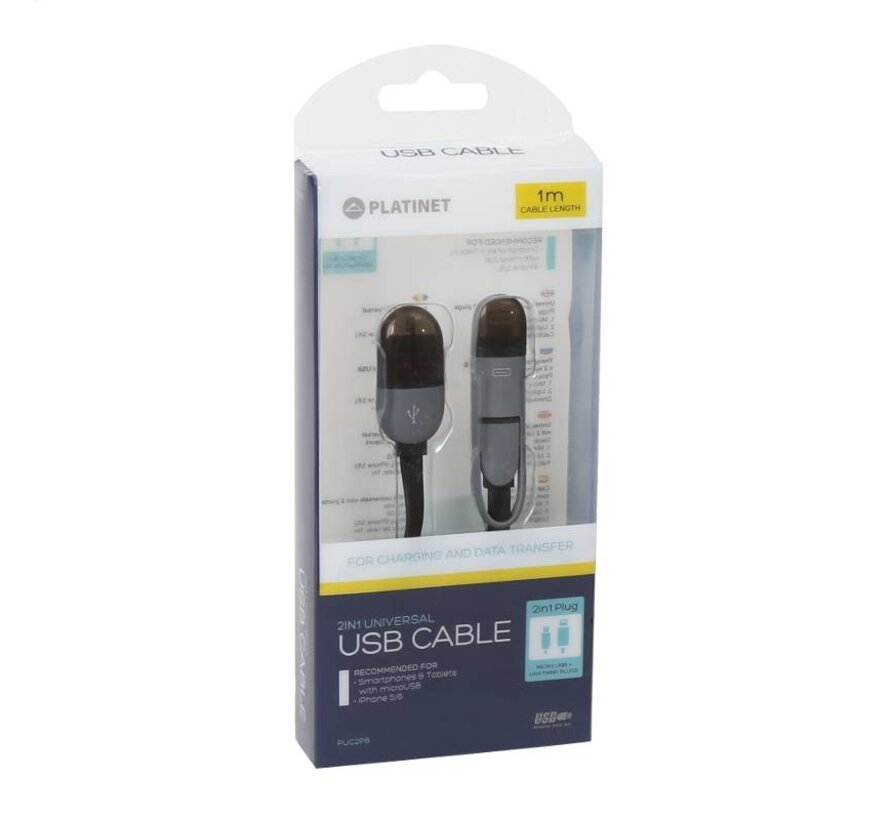 PLATINET USB UNIVERSAL CABLE 2 IN 1: MICRO USB & LIGHTNING PLUGS BLACK