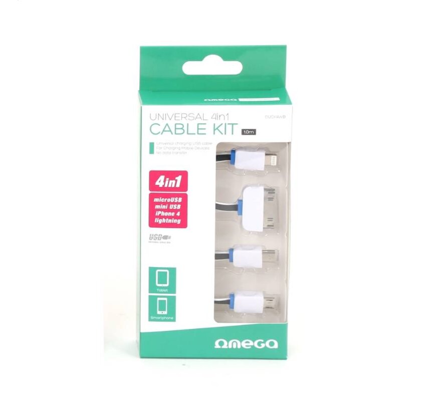 KIT DE RECHARGE 4 EN 1 OMEGA: MICRO USB + MINI USB +  iPhone 4 + Lightning