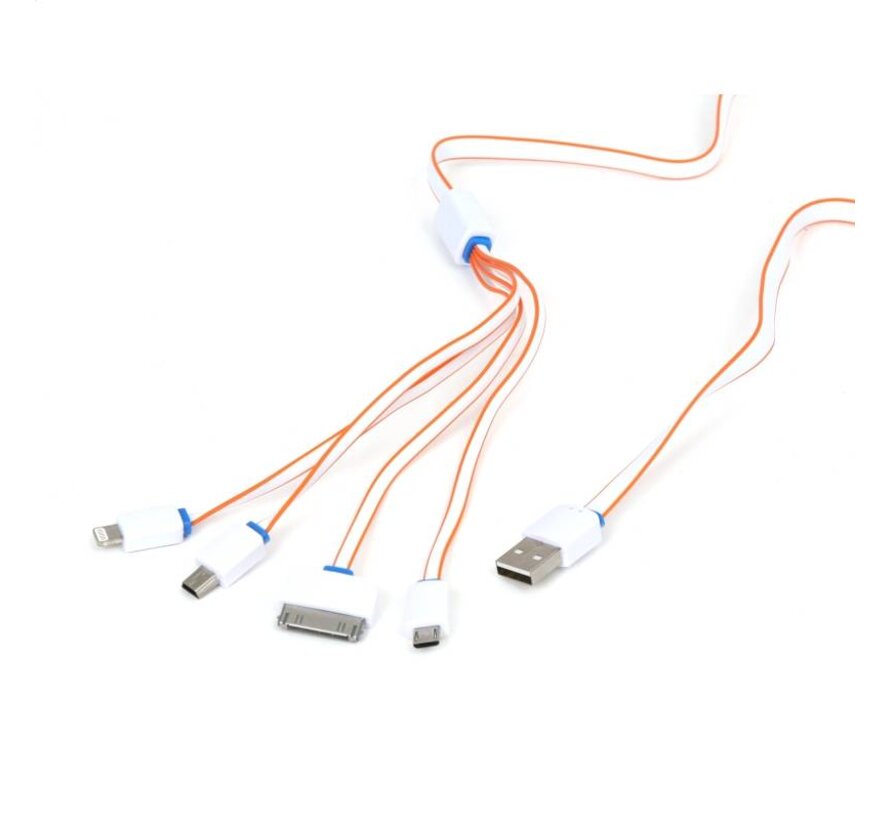 KIT DE RECHARGE 4 EN 1 OMEGA: MICRO USB + MINI USB + iPhone 4 + Lightning - BLANC/ORANGE