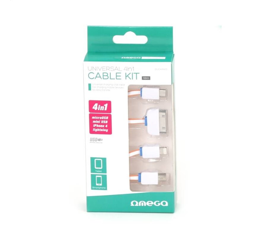 KIT DE RECHARGE 4 EN 1 OMEGA: MICRO USB + MINI USB + iPhone 4 + Lightning - BLANC/ORANGE