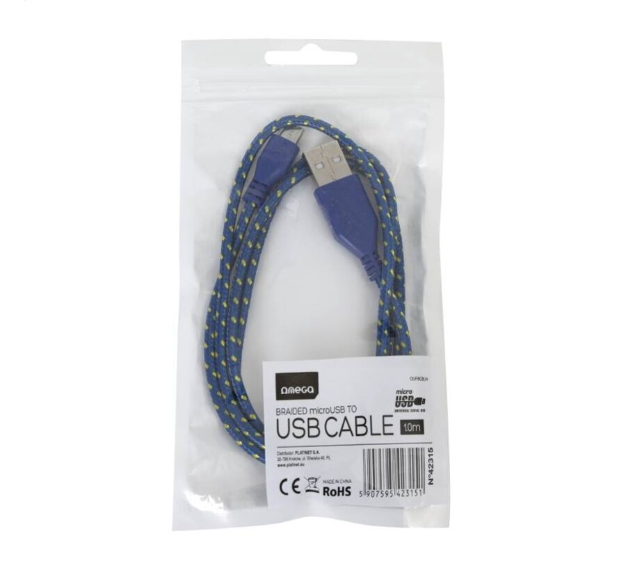CABLE MICRO USB VERS USB OMEGA TISSU 1M - BLEU/JAUNE