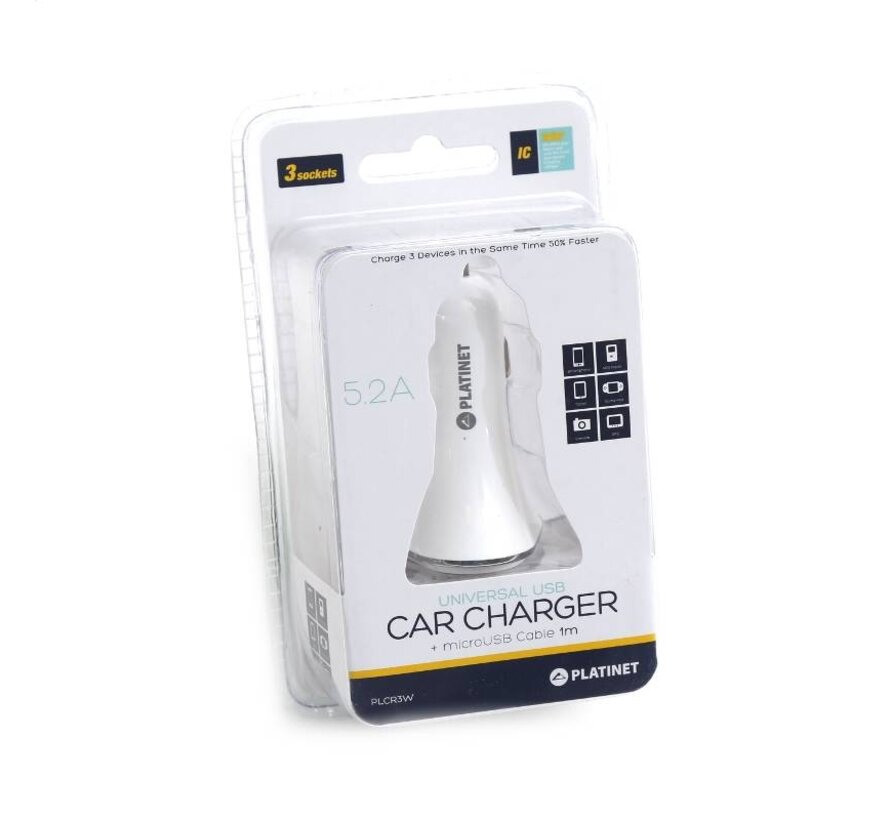 PLATINET CAR CHARGER 3xUSB 5,2A + microUSB cable 1m WHITE [43722]