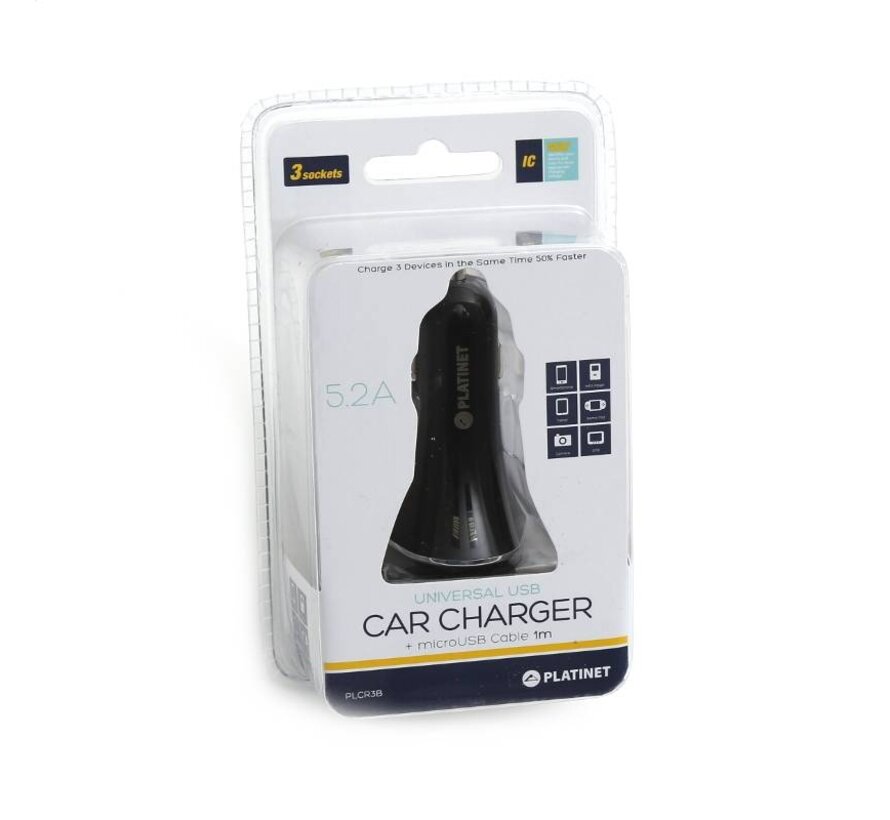 PLATINET CAR CHARGER 3xUSB 5,2A + microUSB cable 1m BLACK [43721]