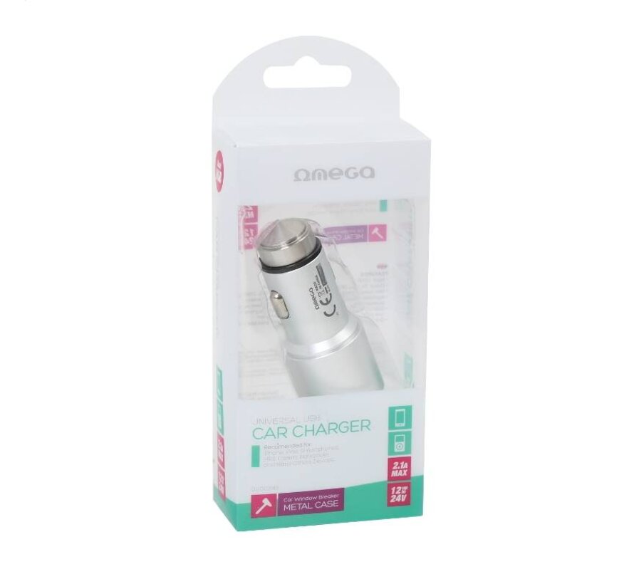 OMEGA CAR CHARGER METAL 2xUSB 5V 2.1A SILVER [43344]