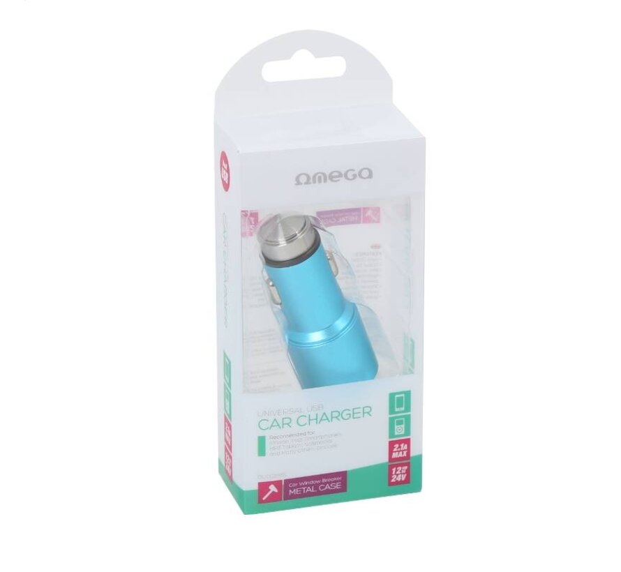 OMEGA CAR CHARGER METAL 2xUSB 5V 2.1A BLUE [43343]