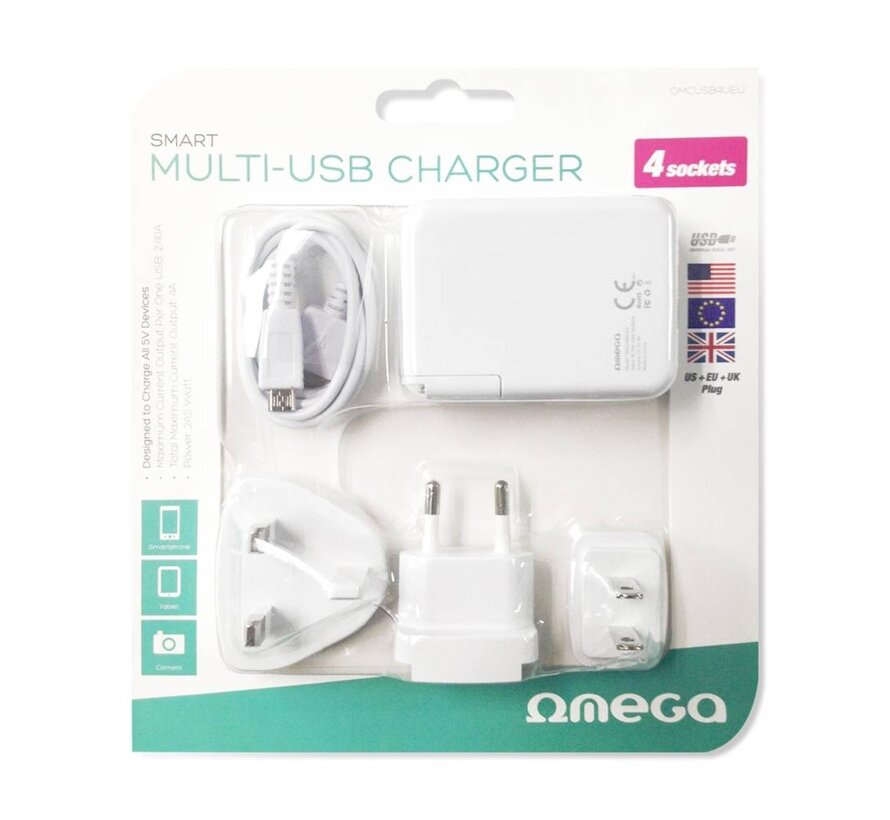 CHARGEUR 4 PORTS USB OMEGA 4A BLANC + PRISE USA + UE + R-UNI [42674]