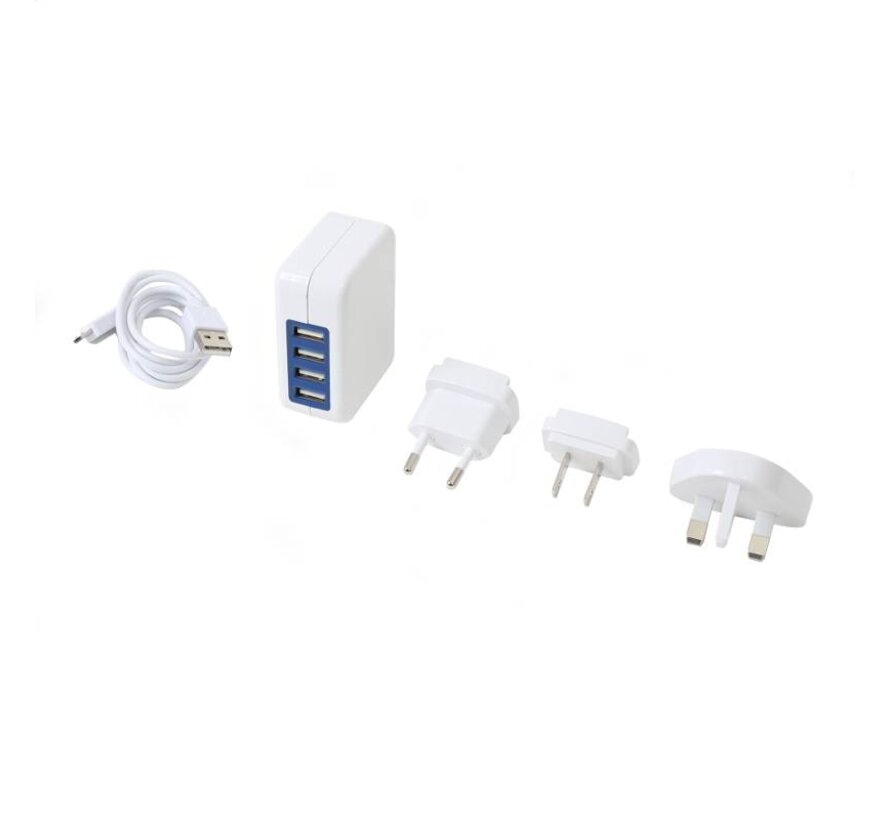 CHARGEUR 4 PORTS USB OMEGA 4A BLANC + PRISE USA + UE + R-UNI [42674]