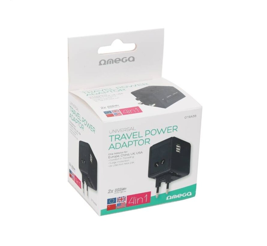 ADAPTATEUR DE VOYAGE OMEGA 220-250V 4 en 1 avec chargeur USB noir