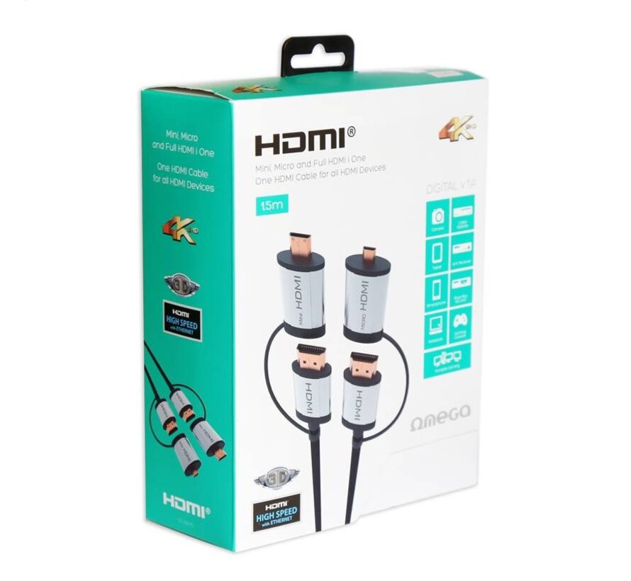 OMEGA HDMI CABLE V.1.4 BLACK 1,5m + ADAPTORS to miniHDMI and microHDMI [43865]