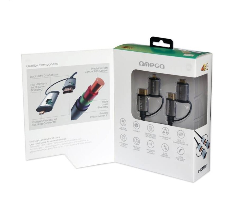 OMEGA HDMI CABLE V.1.4 BLACK 1,5m + ADAPTORS to miniHDMI and microHDMI [43865]